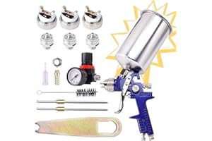 CarBole Pistola a Spruzzo HVLP con Tazza di Alluminio 1000cc e 3 Ugelli 1.4/1.7/2.5mm,Pistola per Verniciare con Regolatore di Pressione dell'aria, Utilizzata per Auto,Pareti,Mobili,Recinzioni (Blu)