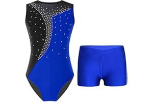 TTAO Kinder Mädchen Ärmellos Gymnastikanzug mit Strassstein Training Leotard mit Shorts Turn Set Gymnastik Training Dancewear Gymnastikbody