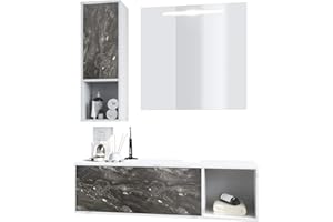 Vladon Set di mobili da bagno Mobile contenitore La Costa, struttura in bianco opaco/frontali in marmo grafite con specchio LED