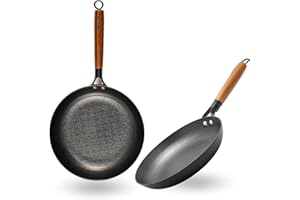 lätt Home Juego de Sartenes Hierro Fundido Antiadherente Aptas para Cocina de Inducción Gas Vitrocerámica Eléctrica Horno Lavavajillas | Mango Madera Acacia Removible | Set 2 Diámetros 24-28 cm