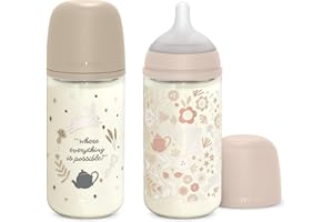 Suavinex, Pack Biberons en Verre de 240 ml. Biberon avec Tétine Symétrique SX Pro en Silicone, Anticoliques, Biberon avec Tétine à Débit Moyen (M), Pour Bébés +3 Mois, Wonderland Rose, Beige