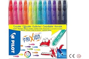 Pilot - 12 FriXion Colors - Feutres de Dessin et de Coloriage à Encre Thermosensible Effaçable - Ultra lavable - Couleurs assorties - Pointe Moyenne Conique
