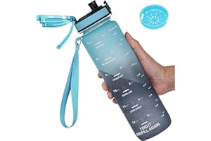 GOPPUS Butelka na wodę z tritanu, 1000 ml, ze słomką, szczelna butelka na napoje z wymiarami, butelki sportowe z zamykaną otwieraną górą, motywacyjne butelki ze znacznikami czasu, do szkoły, dorosłych