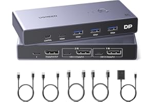 UGREEN Przełącznik 8K 60 Hz Displayport KVM, przełącznik DP 1.4 KVM, przełącznik KVM 2 pc 1 monitor, 4K 240 Hz, 4 porty USB, przełącznik KVM USB C, 4 porty USB przełącznik klawiatury, myszy, dysku