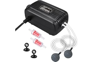 DEPAR Akvarium luftpump extra tyst låg 20–40 dB justerbar syrepump dubbla utgångar akvarium luftventil med 2 backventiler för 3,8–300 l akvarier