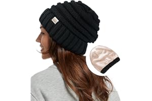 Hat Hut Womens Satin Lined Beanie Winter Hats with Silk Lining for Hair Slouchy Beanie Soft Warm Cable Knit Winter Hat