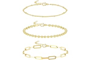 KRFY Tobilleras Oro para Mujer Tobillera de Acero Inoxidable Tenis Espiga Eslabón Cadena de Eslabones Juego de Tobilleras Joyería Ajustable para Pies de Playa Boho 3 Piezas