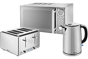 Swan STRP2081N Classic Kitchen Bundle with Stainless Steel Jug Kettle, 4 Slice Toaster and Microwave