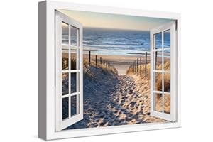 PICANOVA – Cuadro Sobre Lienzo Path to the Sea Window 40x30cm – Impresión En Lienzo Montado Sobre Marco De Madera (2cm) – Disponible En Varios Tamaños – Colección Playas