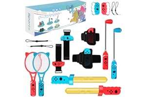 OLDZHU Kit d'accessoires de Sport 12 en 1 Compatible avec Nintendo Switch,Une Poignée d'Escrime,Un Bracelet de Volley-Ball,Sangles de Jambe de Football, Clubs de Golf,Raquette (Rouge + Bleu)