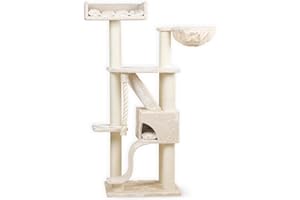 Arbres à Chat RHRQuality pour Grands Chats - Kilimandjaro de Luxe - 195 cm de Haut - avec poteaux en sisal de 12 cm et Couchage Luxueux - Crème
