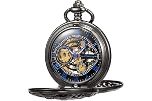 TREEWETO Antique Mécanique Montre de Poche Chanceux Dragon Cadran Squelette avec chaîne pour Les Hommes Femmes + Coffret