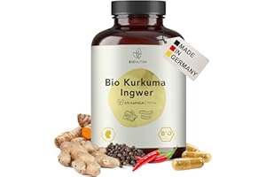 BIONUTRA® Combo Curcuma + Gingembre + Poivre noir bio | 270 gélules de 650 mg | Agriculture biologique | enrichi en Capsaïcine alcaloïde bio | Végan | Sans additifs | 207 g | Fabriqué en Allemagne