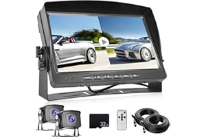 CAMECHO Camara Trasera de Coche Kit, 9 Pulgadas 4 Divisiones, con 2 x 10M Cables y 2 x Impermeable IP69 Visión Nocturna Cámara Trasera+DVR para Camiones de Remolque/Furgonetas/Camiones/vehículos