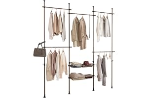 SoBuy KLS04-BR drążek teleskopowy, wieszak na ubrania z 5 drążkami na ubrania i 2 koszami, system teleskopowy, regulowany system regałów, szer. (209-305) x wys. (200-270) cm