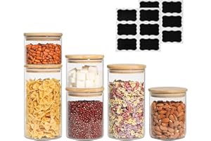 ComSaf 1200ml/800ml/500ml Tarros de Hermético con Bambus Tapa, Juego de 6 Botes de Vidrio de Borosilicato con Silicona Anillo de Sellad, Transparente Cocina Recipientes para Alimentos, Pasta