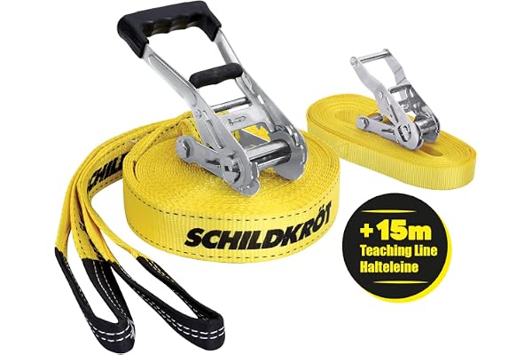 Schildkröt Slackline 15m, avec Ligne d'Enseignement pour Débutants, Ligne Robuste de 5 cm de Large pour Enfants et Adultes
