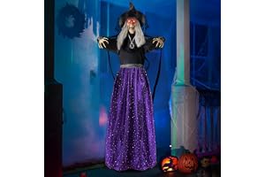 JOYIN 119 cm animerad häxa halloween dekorationer utomhus inomhus, skrämmande halloween animatronik dekor, hängande spöke tal