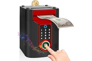 Highttoy Hucha Electrónica Niños con Pantalla Táctil y Huella Dactilar, Hucha Cajero Automatico Caja Fuerte Regalos para Niños Niñas 3-12 Años, Negro Rojo