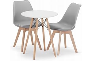 NMK HOME Conjunto Mesa Redonda Ф 60 cm y 2 Sillas Comedor Gris - Mesa de Cocina con Sillas con Cojín de Cuero Sintético y Patas de Madera de Haya