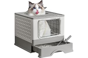 ASONINE Arenero para Gatos, XXL, Bandeja Sanitaria Cerrada, La Bandeja Inferior es Extraíble, Inodoro para Gatos, Arenero Gato con Pala, Bandeja de Arena, con Tapa (Gris)