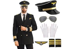 BIGTHREE Airplane Captain Costume Airline Pilot Hat Accessories for Adults Teens Captain Party Cosplay Supplies Sunglasses Hat glove Badge Sleeve cover, One Size