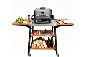 GFTIME Grillvagn med bänkskiva i rostfritt stål, BBQ vagn med 2 hopfällbara sidohyllor och 2 hyllor, mobil utomhus köksvagn med hjul för grill, pizzaugn och trädgård