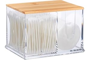 Relaxdays Distributeur Coton-tiges, Acrylique, Bambou, Grande boîte, Rangement, Salle de Bain, Transparent/Nature
