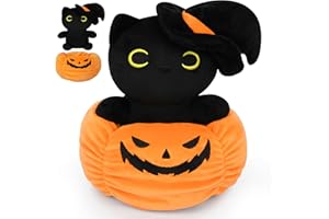 Yamepuia Halloween Pumpkin Black Cat Stuffed Animal, 7.4in Halloween Pumpkin Black Cat Set, Cute Black Cat Plush Pillow Toy, Halloween Decoration Gift for Adults Children