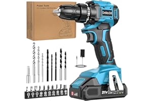 Brushless Cordless Drill Set, LEEIKOO Power Drill 21V with 2.0Ah Battery, Electric Drill 45N.m Max, 20+1 Torque, 2 Speed, LED Light, 21pcs Drills Set for Home, Garden DIY, Blue
