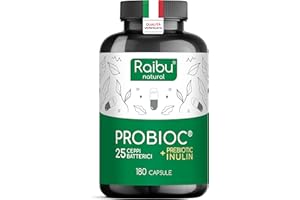 Probiotici Fermenti Lattici per Intestino - 180 Capsule, 25 Ceppi Batterici con Inulina, 60 Miliardi UFC - Resistenti ai Succhi Gastrici, Alta Dosaggio & Inclusi Lactobacillus e Bifidobatteri - Raibu
