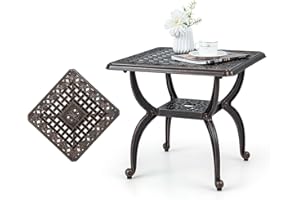 KOMFOTTEU Table de Bistrot Carrée en Fonte d'Aluminium, Table de Patio avec Pieds Réglables, Charge de 90 kg, Table Basse de Jardin avec Trous, 2 Niveau, Style Vintage, 53x 53 x 48 cm