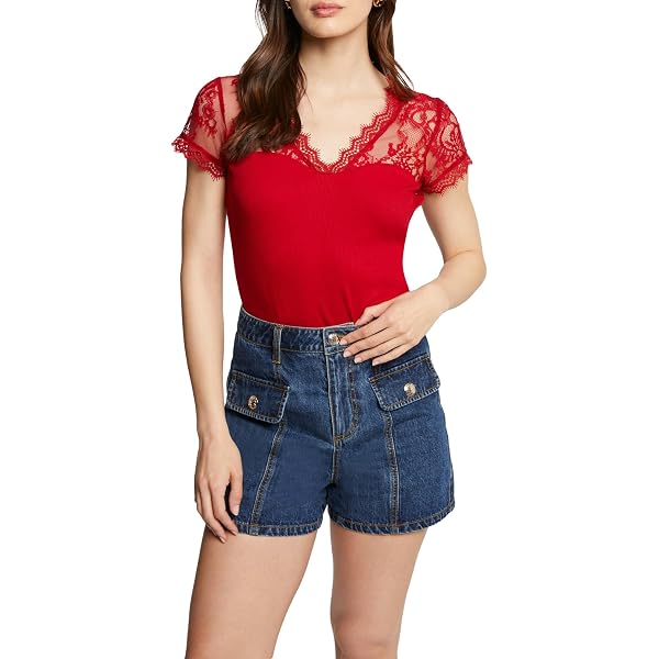 T-shirt Morgan Rouge Et Noir Avec Dentelle Et Plumetis – Taille XS, Matière Délicate – Occasion Très Bon état