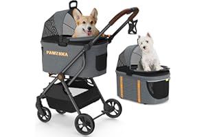 PAWZIDEA Pet Stroller 4 in 1, Dog Strollers with Detachable Carrier No-Zip Canopy, Portable Pet Crate for Car Seat Travel, Foldable & Lightweight Jogger for Small/Medium Dogs and Cats, Storage Basket