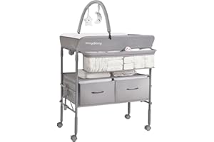 Maydolly Baby Klappbarer Wickeltisch, Mobiler Wickeltisch mit Rädern, höhenverstellbar, Baby Wickeltisch mit Ablagefach (Grau)