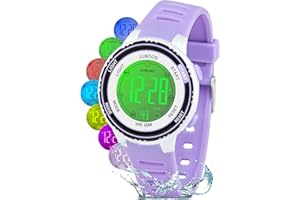 Juboos Montre Enfant avec Bracelet Imprimé et 7 Lumières Colorées,Montre Digitale Étanche pour Enfants avec Oreilles de Chat pour Garçons et Filles de 5 à 15 Ans
