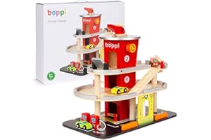 boppi Garage Macchine per Bambini - Piste Macchinine per Bambini- Giochi in Legno - Parcheggio Macchinine per Bambini con 1 Elicottero Giocattolo E 3 Auto- Autolavaggio Giocattolo 36 Cm 3 Livelli