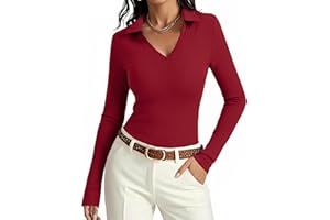 Aottori Polo Maglia Donna Manica Lunga Maglietta Scollo a V Aderente Basic Top Costine Slim Fit Elegante T-Shirt Elasticizzato Tinta Unita Casual Business