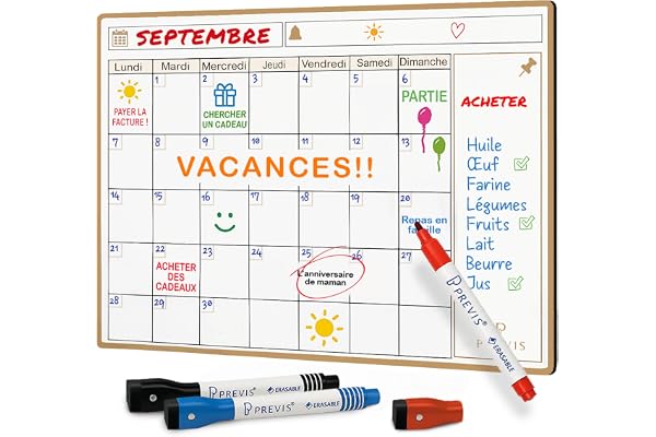 Previs Calendrier Magnetique Frigo A4 (21X29CM) avec 3 Marqueurs Premium- Planning Magnetique - Magnet Organisateur Familial Polyvalente - Tableau Magnetique Planning Mensuel Aimanté 2025 2026