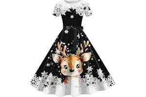 WVONIF Robe de Noël Femme Drôle Rudolph Renne Imprimé Robe Noel Rigolo Impression de Verre à Vin Dress Décontracté Vintage Année 50s pin-up Rockabilly Swing à Pois Manches Courtes Robes de Cocktail Soirée