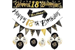 Yontree 14-Piece 18th Birthday Decoration Kit, Gold & Black Theme, Includes 9ft Banner, Birthday Strap, Bunting, Balloons