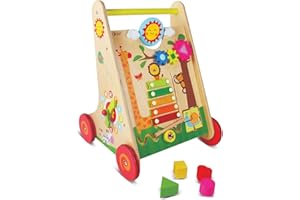 Classic World Wooden 2-in-1 Baby Learning Walker + Activity Centre, Includes Sorting Blocks, Puzzle, Xylophone, Clock and Cogs, Made From Sustainable Wood, 35 x 35 x 47 cm, 12 Months+