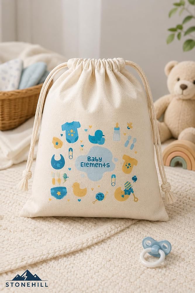 stonehill Baby Elements Baskılı Ham Bez Büzgülü Bebek Torbası 30x40 cm 2'li Set - Çok Amaçlı Bebek Eşyası Saklama ve Organizer Çantası (Mavi)
