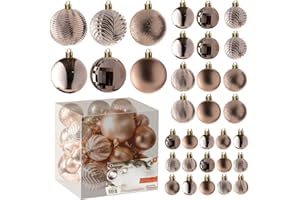 Prextex Bolas de Navidad Color Champán para Decoración Navideña – 36 Adornos Navidad Irrompibles con Anilla para Colgar – Decoración Navidad y Fiestas - Lote de Bolas de 6 Estilos en 3 Tamaños