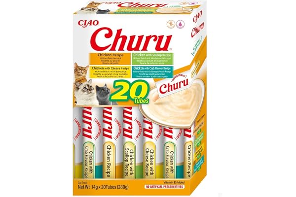 INABA Churu - Friandises pour Chats en Purée aux 4 Saveurs de Poulet - Délicieux Snacks pour Félins - Texture Lisse et Onctueuse - Nourriture pour Chats - 20 Tubes x 14g