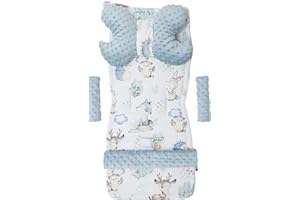 Medi Partners Sitzauflage Kinderwagen Buggy Baby Sommer Kindersitz Einlage Universal - 5tgl Gurtpolster + Spielbogen Kinderwagenset Babyschale (Hirsch und Igel mit Hellblau Minky)