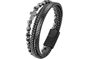 JUZICHEN 21 cm bransoletka męska, skórzana bransoletka męska, różaniec bransoletka krzyż, męska bransoletka czarna brązowa, bransoletka męska, biżuteria na prezent dla mężczyzn, chłopców i mężczyzn