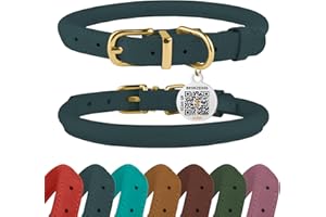 BRONZEDOG Zwijana skórzana obroża dla psa z identyfikatorem QR, regulowane, miękkie, okrągłe obroże dla małych, średnich i dużych psów, szczeniaków, kotów (denim, 18-25 cm)