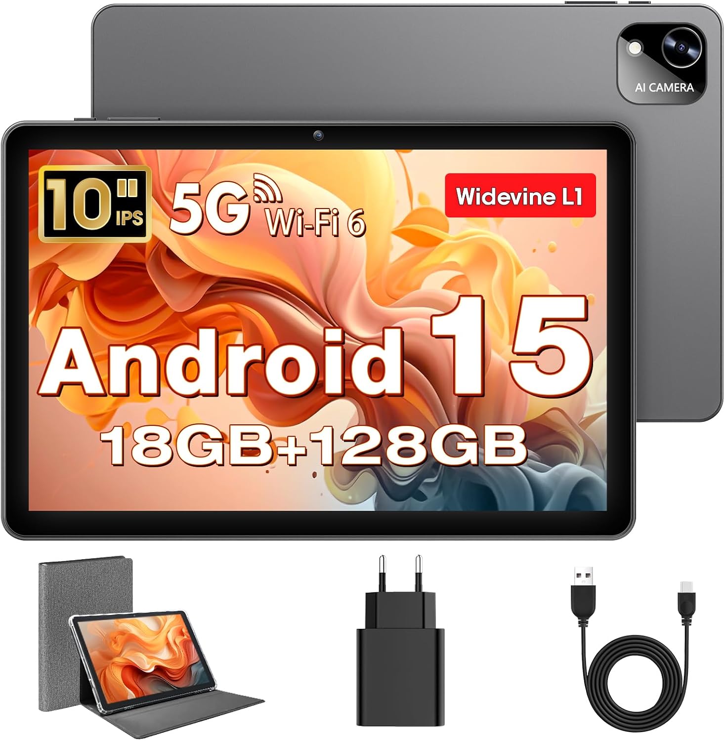 Tablet 10 Pulgadas, Tableta Android 15 con Funda, Unisoc T30 Quad-Core, 18 GB RAM + 128 GB ROM + 1 TB TF, Pantalla HD IPS 1280x800, Cámara Dual 5MP + 8MP, 6000 mAh, WiFi 6, BT 5.0, Widevine L1 (K302)