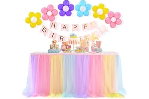 NSSONBEN Tulle Table Skirt Rainbow Table Skirting with Gold line Fluffy Tutu Table Skirt for Baby Shower Birthday Party Wedding Banquet Table Decorations (2Yard/6ft/L183cm*H77cm)
